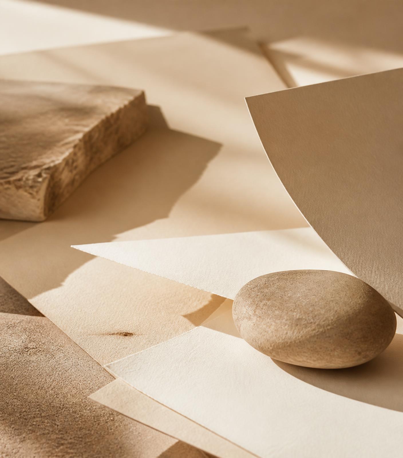 Layered paper and stone in warm morning light